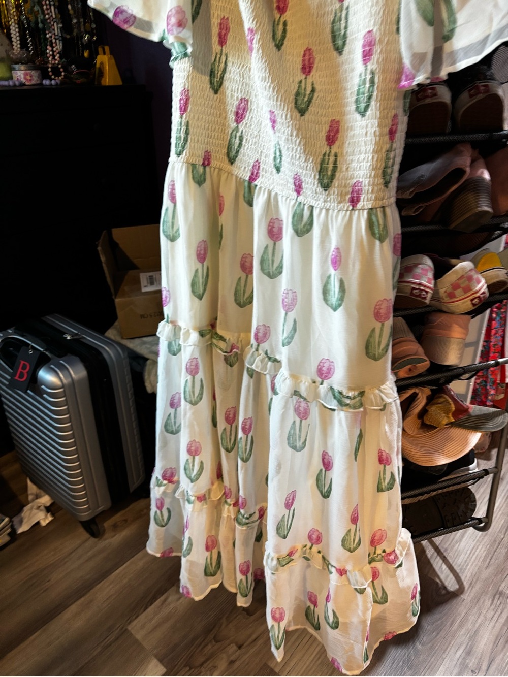 JessaKae Cream Tiered Tulip Print Dress with Pink & Green Accents